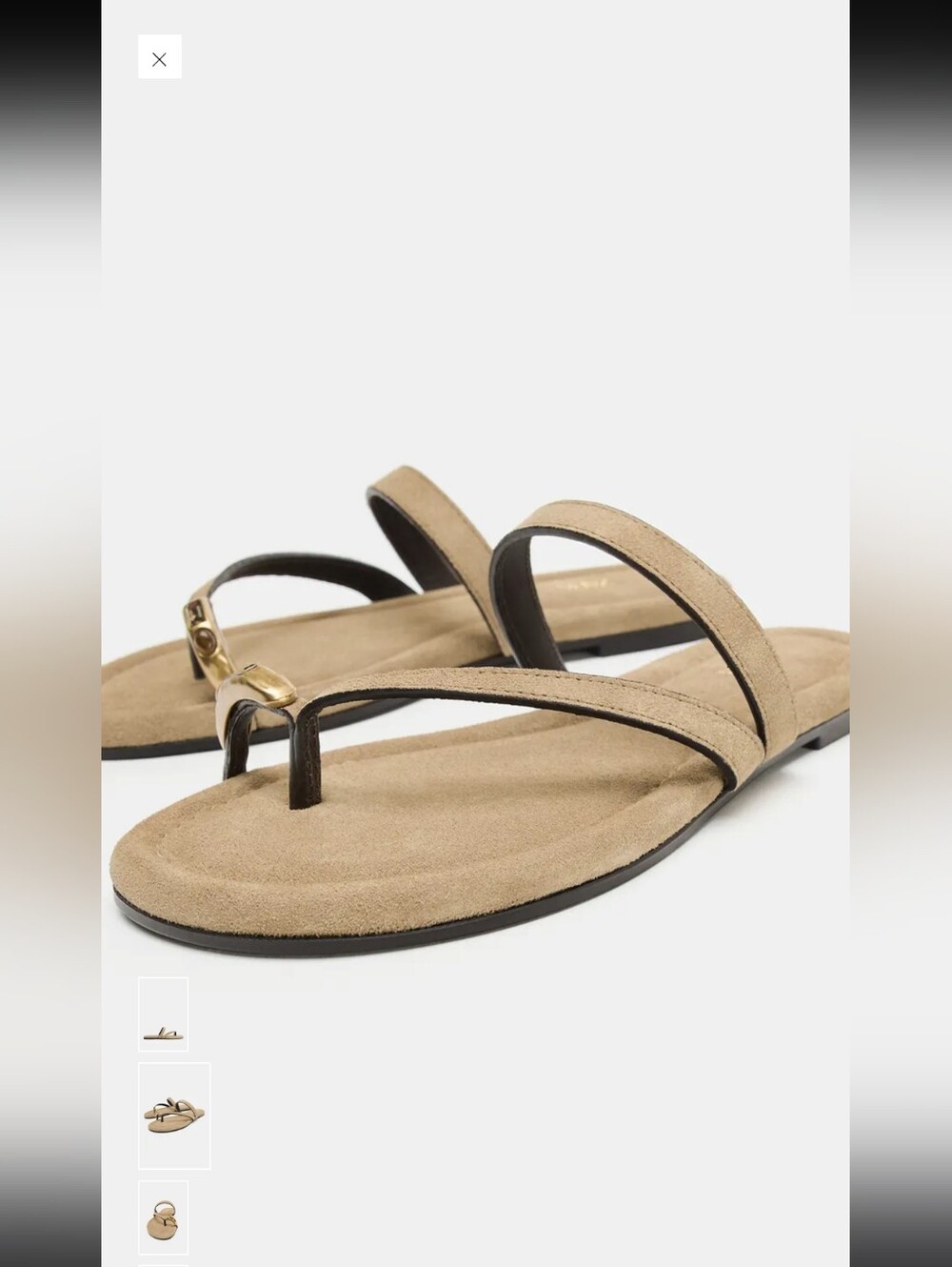 ZARA Leather Suede Flat Sandals Gold Embellished Toe Ring Tan Brown NWT Size 10
